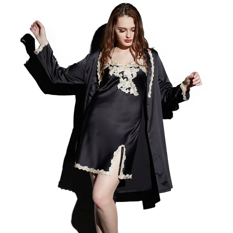 

21 new classic black silk coat nightgown lace women's pajamas artificial silk home wear morning gowns