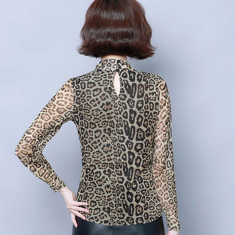 

Brown Highstreet Office Lady High Neck Leopard Print Fitted Pullovers Long Sleeve blouses 2019 Autumn Casual Women shirt Top