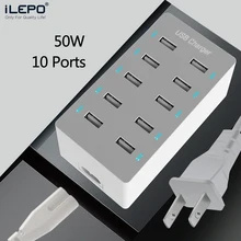 ILEPO 50W USB Charger 5V2.4A 10 Ports Multiple USB Charging Station Multi Port Device Fast Charger For iPhone xiaomi Samsung