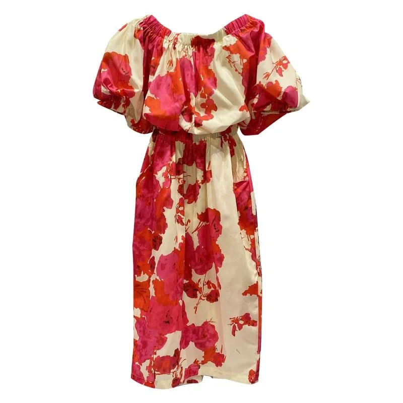 

Elastic Slash Neck Women Red Dresses 2021 Summer New Fashion Show Bubble Sleeve Decor Waist Closing Dress