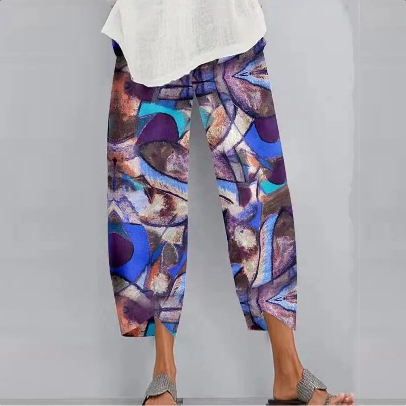 Feitong граффити геометрические РЕТРО брюки женские свободные для отдыха забавные