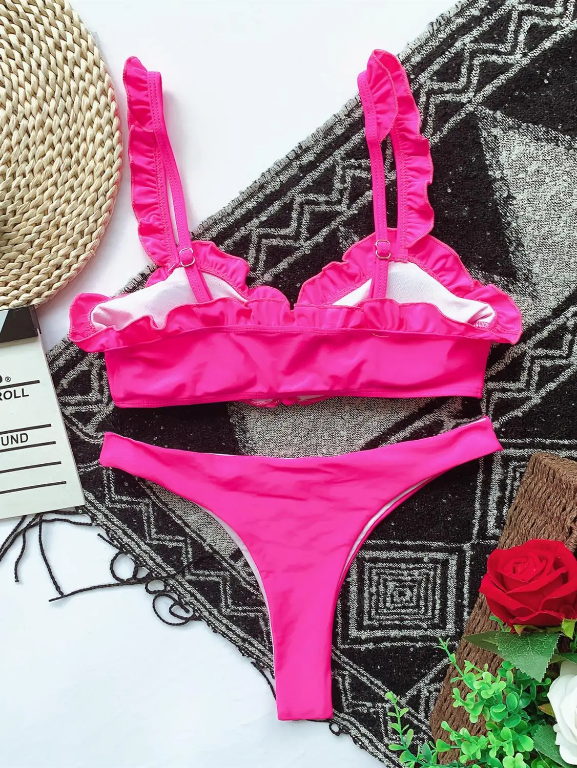 

Cute Rose Red Pleated Bikini Tanga Mujer Ruffle Swimwear Bathing Suits Woman 2020 String Lace Up Swimsuit Women Bikinis CA6149