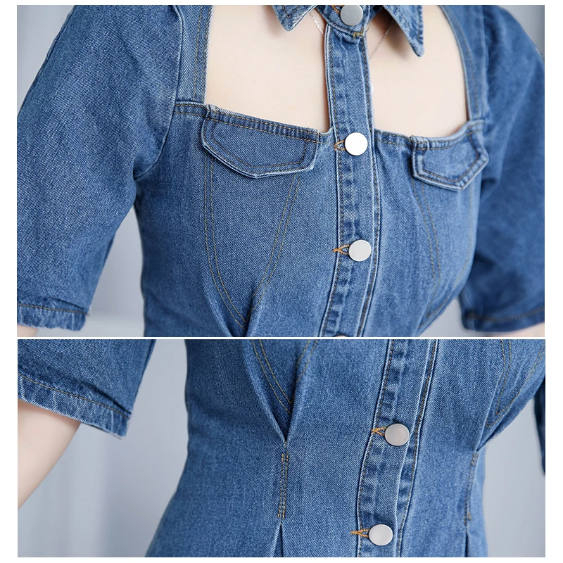 

2021 new women's hollow lapel denim mini dress puff short-sleeved single-breasted slim waist jean short dress sexy fashion robes
