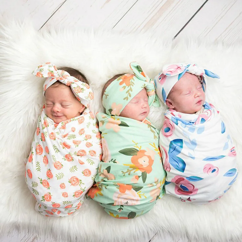 Products for Newborn 2pcs Baby Blankets Print Floral Photography Prop Infant Girl Boys Muslin Swaddle Wrap +Headband | Мать и ребенок