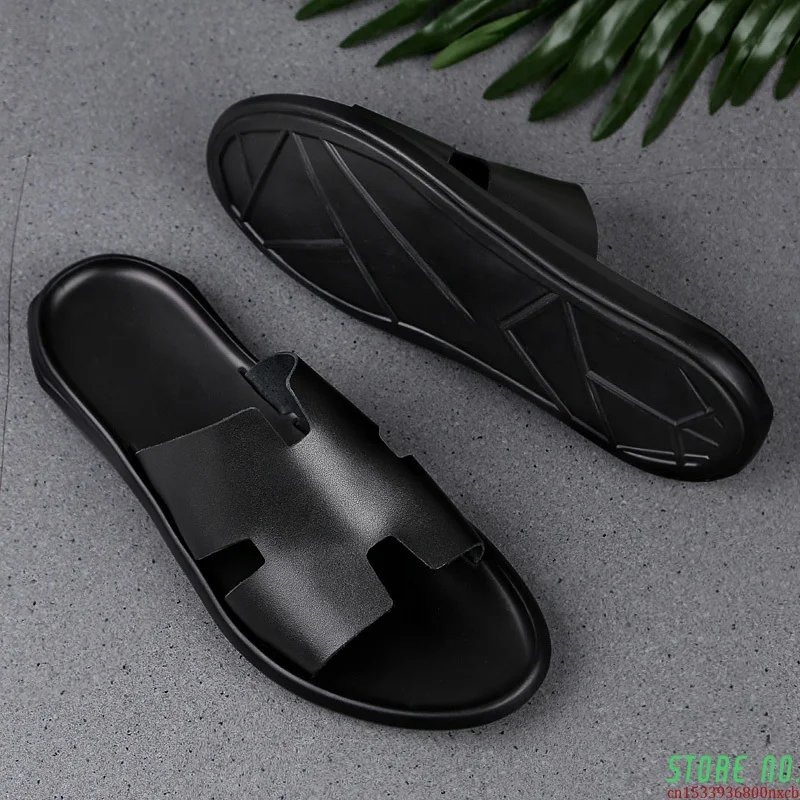hot sale genuine leather men slippers outside black white shoes casual soft flip flops brand male shoes cool beach summer slides free global shipping