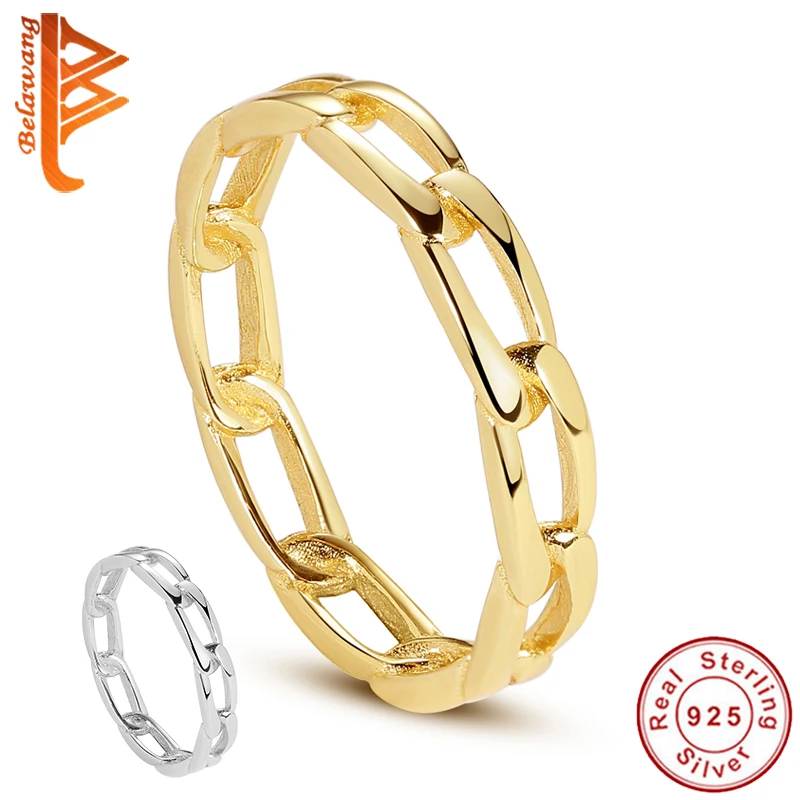 BELAWANG 100% 925 Sterling Silver Pave Link Ring Simple Style Chain Ring With 18k Gold Plated Ring For Women Party Birthday Gift