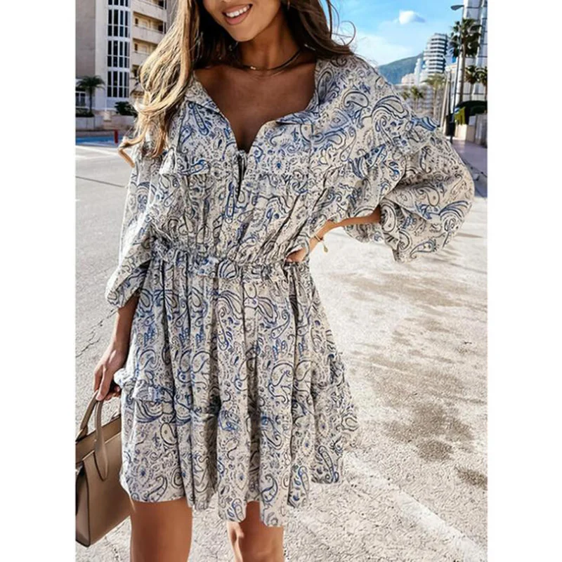 

2021 new European and American women's drape lantern long-sleeved print dress slim high casual loose ladies dress