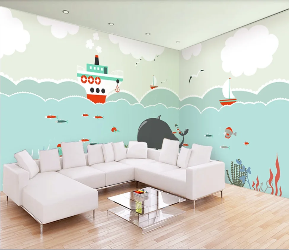 XUE SU Custom wallpaper mural hand-painted cartoon whale sailing underwater world children's room background wall | Обустройство
