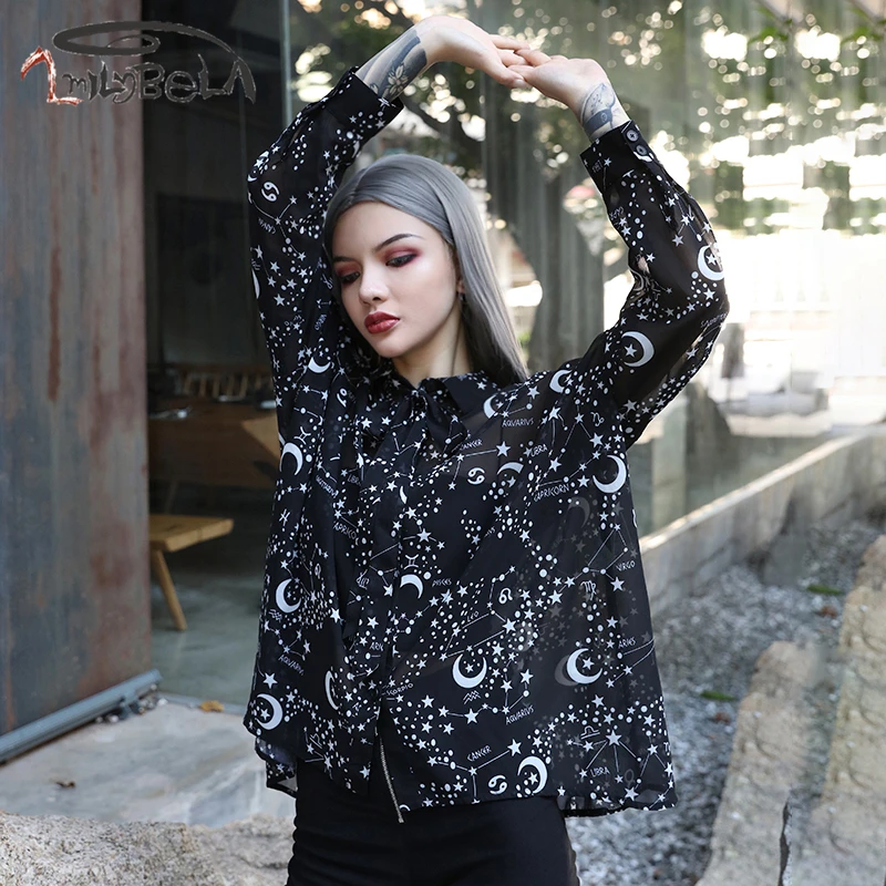 ImilyBela Gothic Blouse Women Casual Long Sleeve Print Bow-knot Turn-down Collar Black Shirt Autumn Loose Blusas Sexy Streetwear |