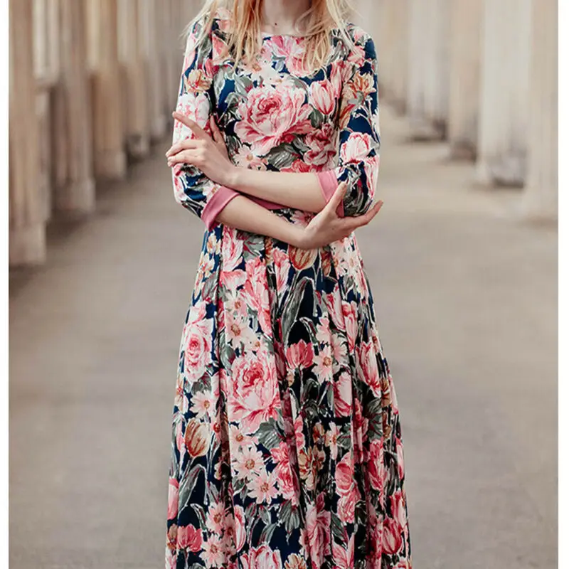 

Women U-neck Maxi Dress Vintage Bohemian Floral Printed Dress
