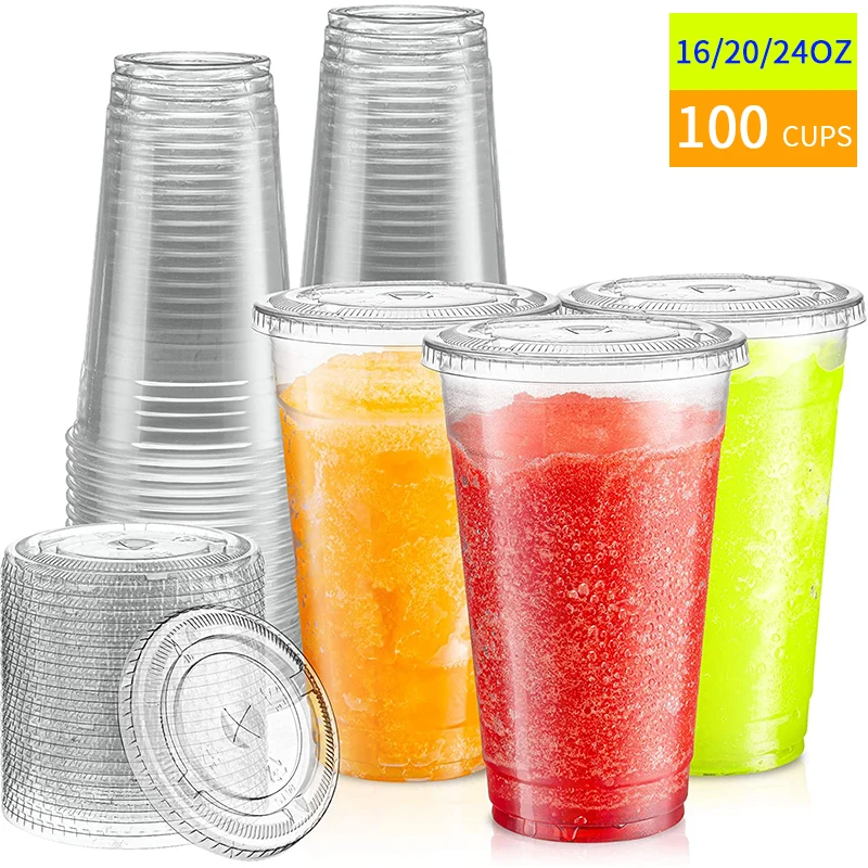100 Sets 16/20/24oz Plastic Disposable Cups With Lids Crystal Clear Drinking Smoothie Cups,Milkshake Cups,Coffee Cup