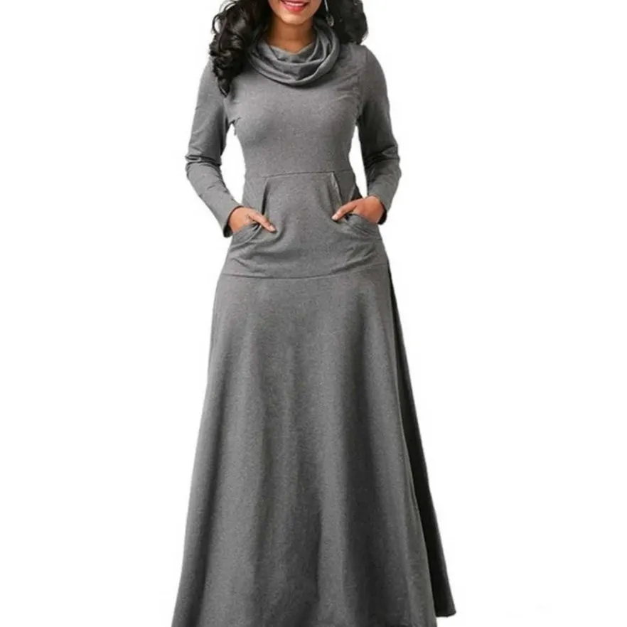 

The new autumn and winter solid color stitching pocket bib plus size big swing long dress one