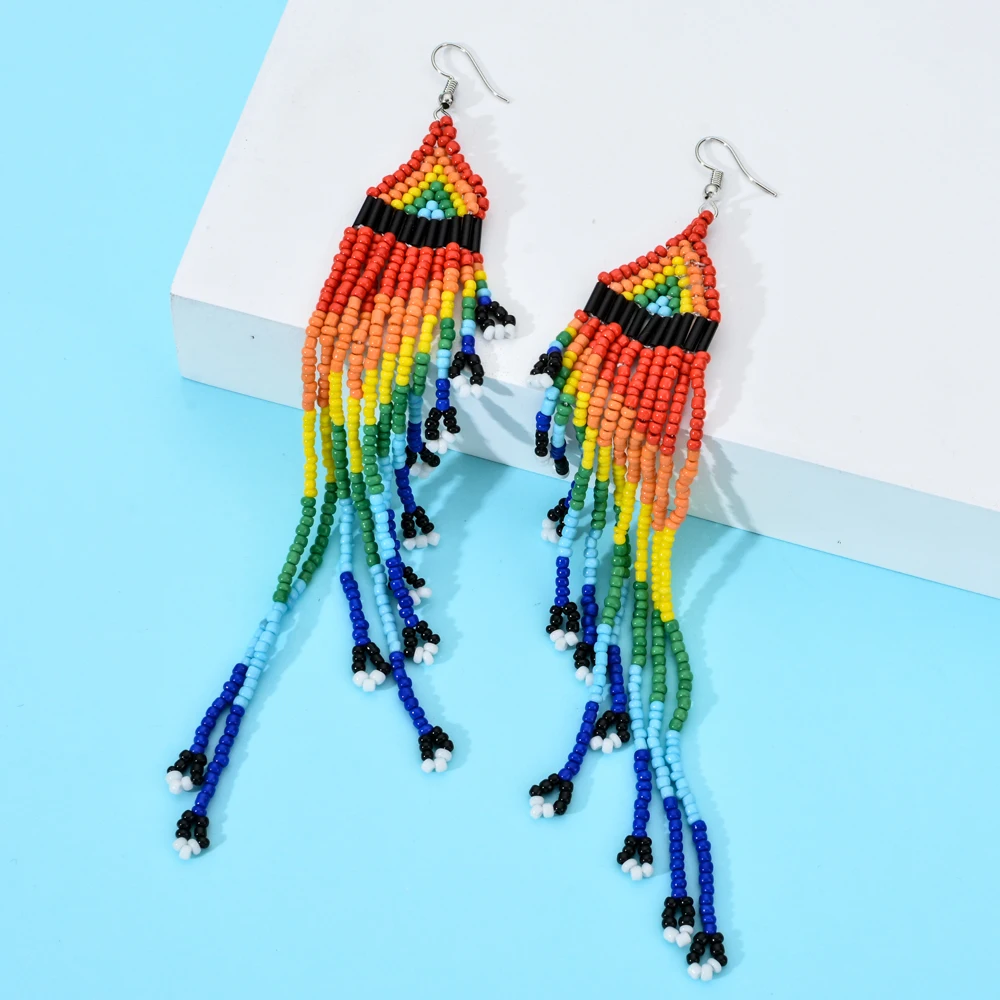 

New Fashion Seed Beads Tassel Drop Earrings For Women Rainbow Long Dangle Earring Bohemia Wedding Statement Jewelry Brinco Gift