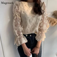 korean embroidered lace womens shirt flare sleeve crochet floral blouse casual fashion elegant chiffon shirt spring new 13499