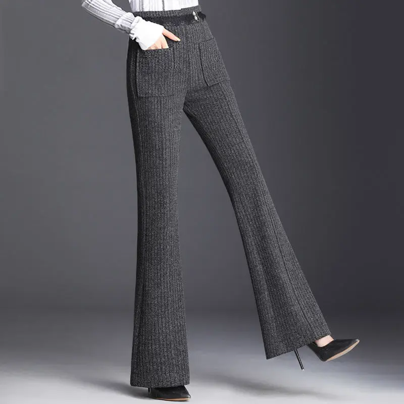 

2021 Autumn Winter Women Elegant Solid Knitted Pants Female High Waist Elastic Knitted Trousers Lady Chic Wide Leg Trousers K538