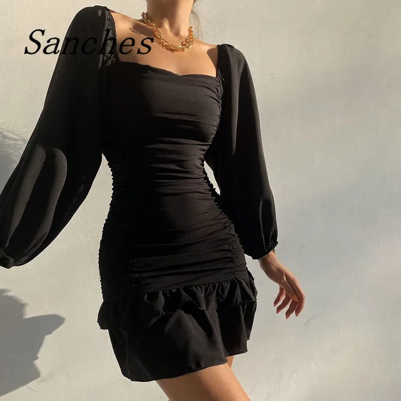 

Sanches 2021 Ruched Autumn Winter Bodycon Dress Women Black Sexy Mini Long Puff Sleeve Elegant Blue Party Dresses Nightclub