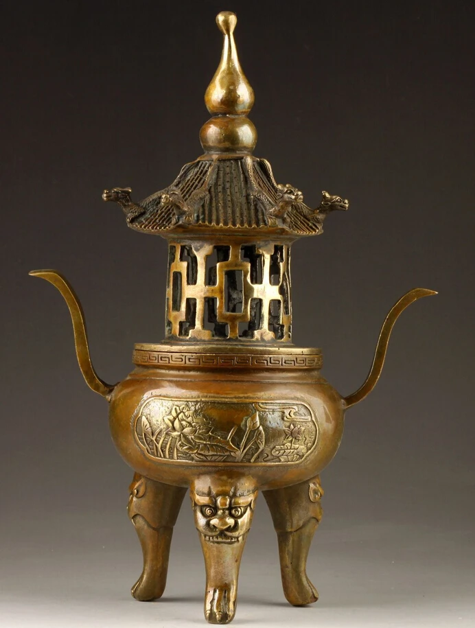  522 + Китайская бронзовая резьба башня Будды ступа пагода Курильница|Статуи и