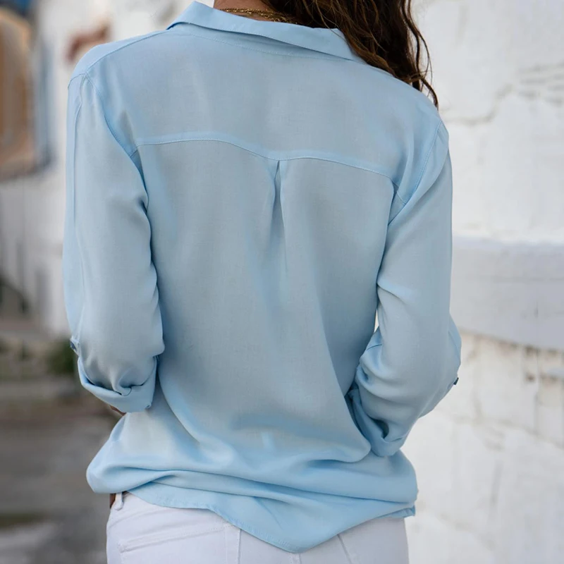 Женские рубашки с длинным рукавом и v-образным вырезом шифоновые на пуговицах