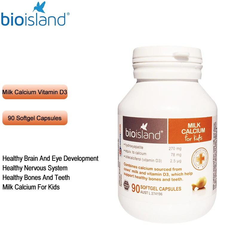 

Australia Bio Island Cow Milk Calcium Vitamin D3 90Caps for Dietary Intake Healthy Bones Teeth Infants Kids Growth Development