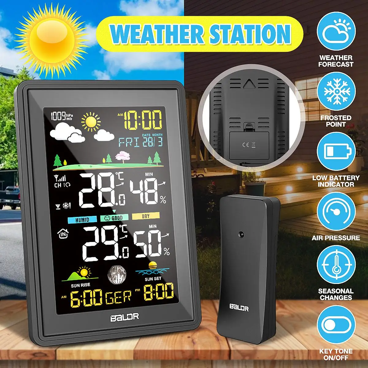 

Wireless Smart Home Waether Station Sensor Hygrometer Thermometer Digital Moonphase Date Alarm Clock Colorful Barometer Forecast