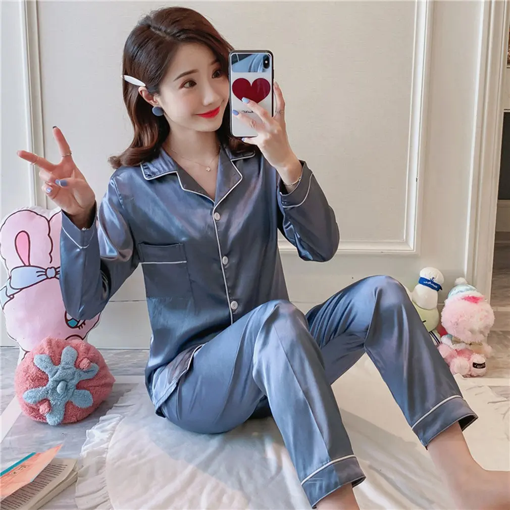 

2 Pieces Faux Silk Satin Pajamas Set Autumn Women Sleepwear Long Sleeve Short Sleeve Nightgown Female Ladies Pyjamas