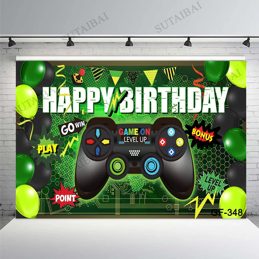 Enlarge Photocall Green Balloon Gamepad Game on Level Up Play Boy Baby Birthday Party Photo Backdrop Photography Background Photo Studio