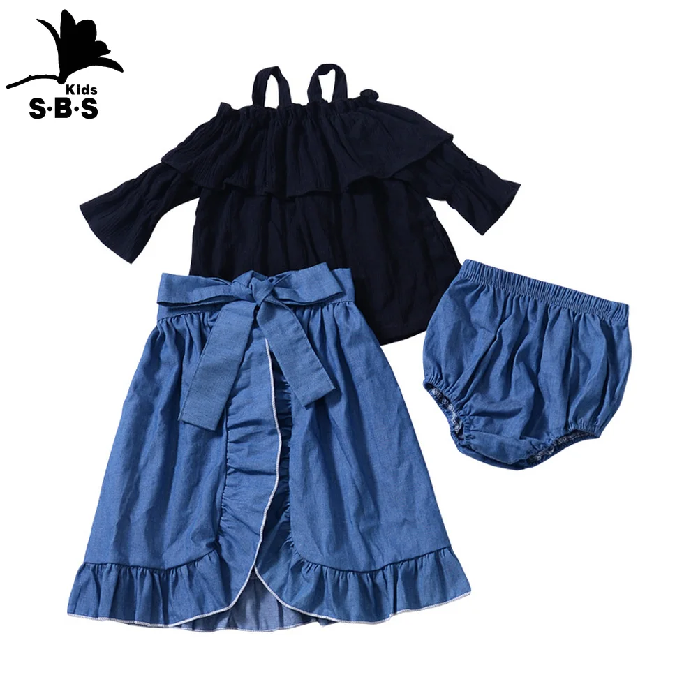 

2019 Spring Blossoms New Arrival Children's Wear Sling Top with Lace Denim Skirt and PP Shorts 3 Piece Set Good Quality Cotton