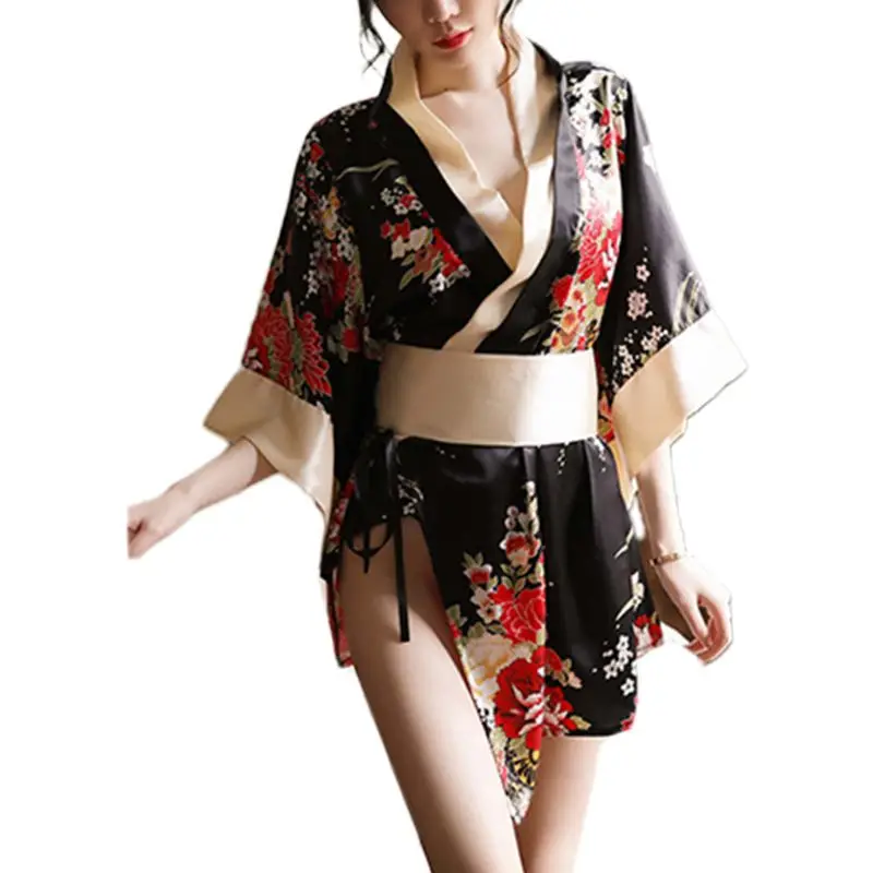 

X3UE женский сексуальный комплект нижнего белья традиционное японское кимоно цветочный Атласный халат юката Аниме Косплей Униформа с бантом...