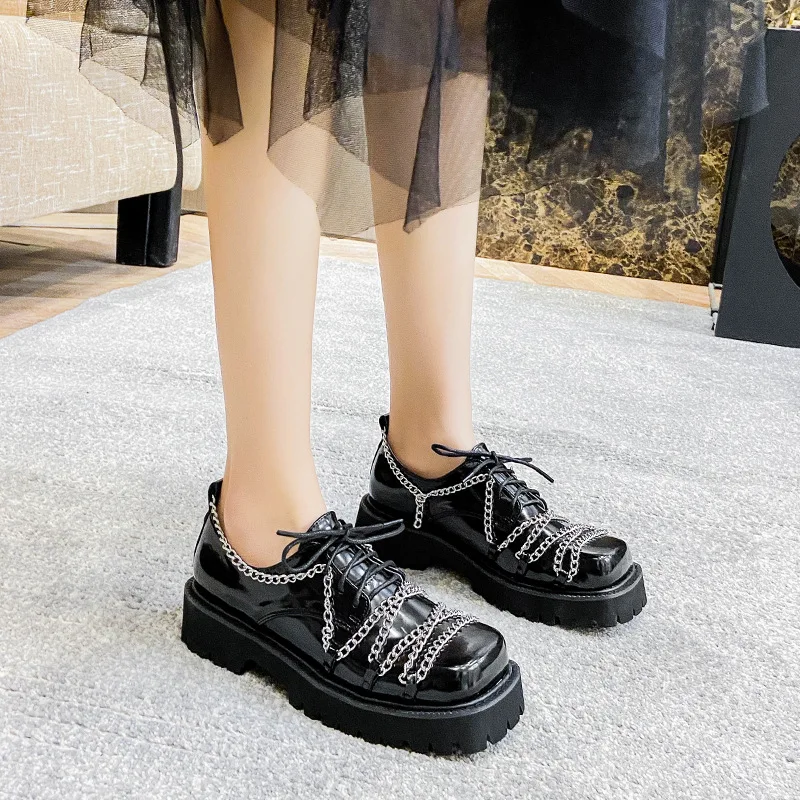 

2021 Spring Women's Flat Shoes Small Leather College Style Uniform Loafers Lace-up Chain Square Toe Flats Platform Single Shoes