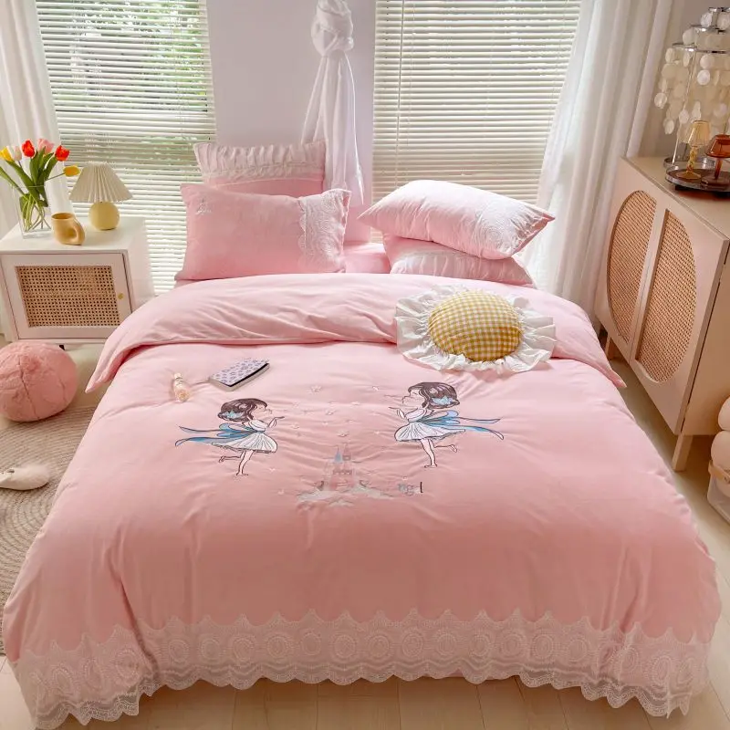 

Зимний ворсистый бархатный флисовый комплект постельного белья с вышивкой с изображением замка для девочки, пододеяльник, постельное бель...