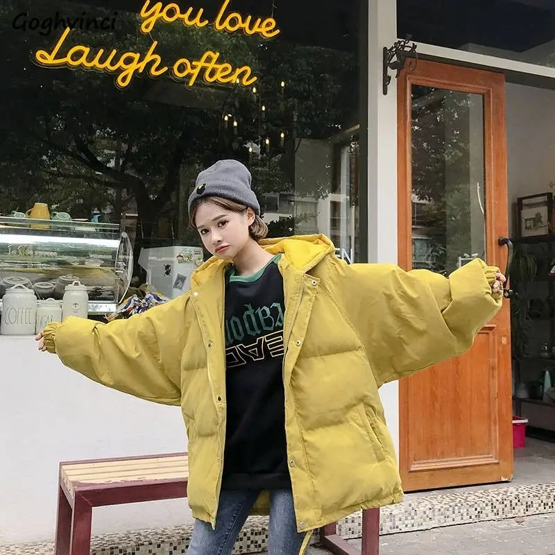 

Short Style Parkas Women Solid Hooded Winter Zipper Button Womens Loose Oversize BF Ulzzang Outwear Trendy Korean Style Casual