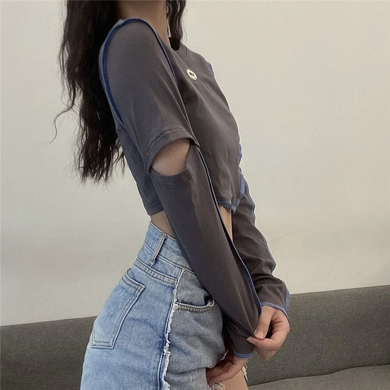 Женская Асимметричная хлопковая футболка с длинным рукавом и круглым вырезом |