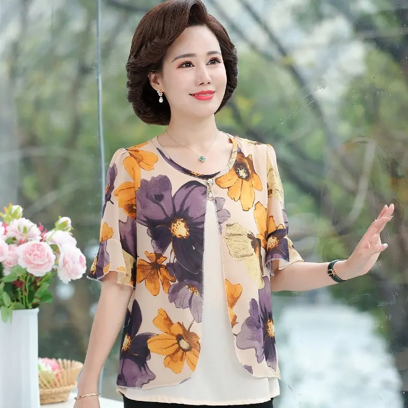 

Fake Two Pieces Women Chiffon Pullover Blouses Shirts Mother Tops Summer O-Neck Printed Plus Size Middle Aged Women Shirt Tops