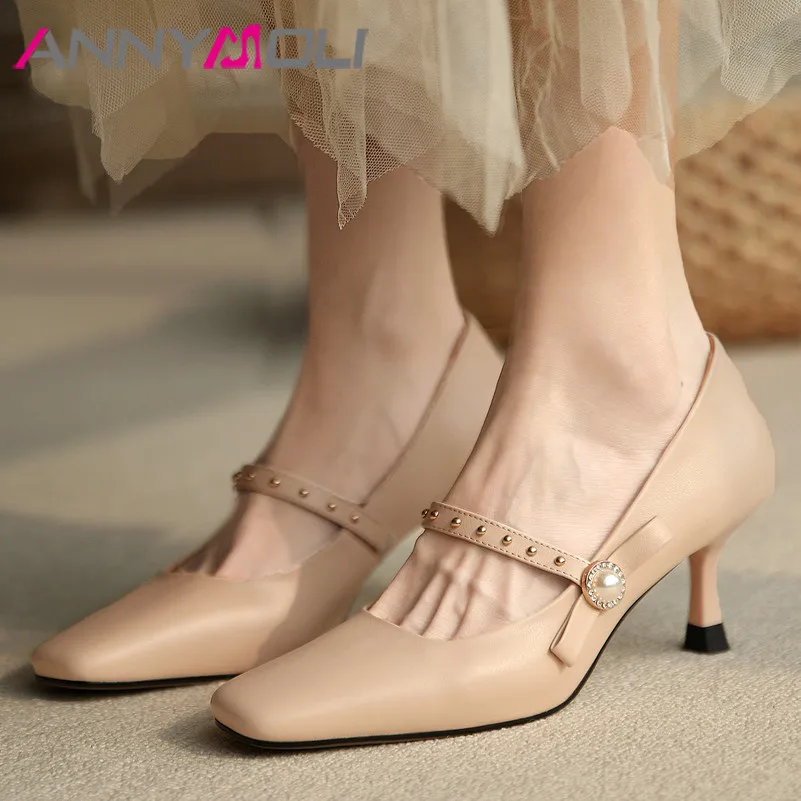 

ANNYMOLI Women Pearl Mary Janes Shoes Real Leather High Heel Pumps Square Toe Stiletto Heels Rivet Shoes Bow Footwear Lady Beige