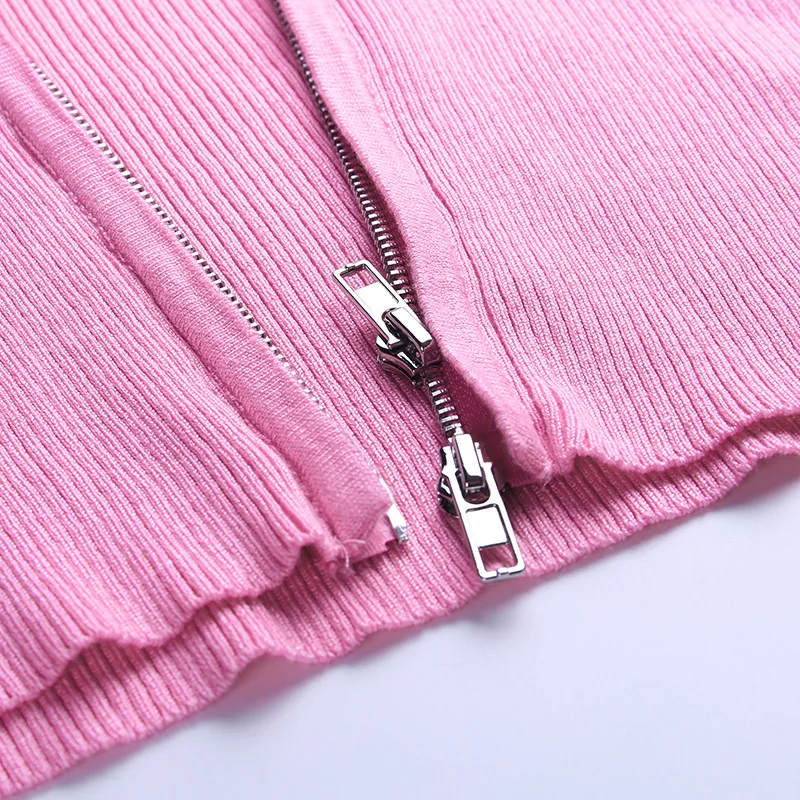 

2021 Fashion Trend Woman Spring/Autumn Double Zipper Navel Sweater Hooded Solid Sweater Long Sleeve Knit Top Aesthetic Sweater