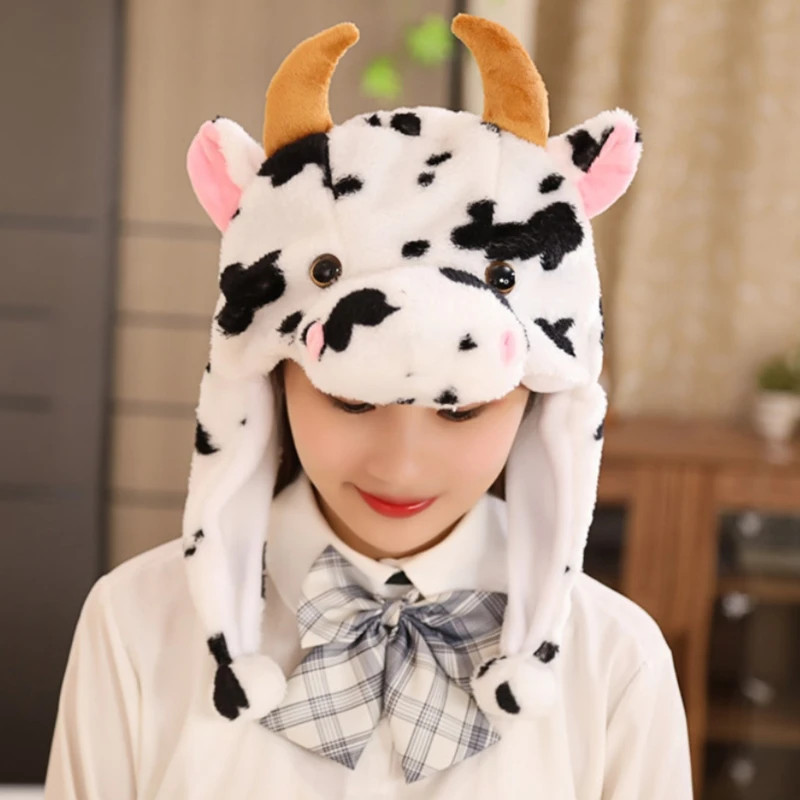 

Kids Cute Milk Cow Animal Plush Hat with Moving Ears Winter Fluffy Warm Stuffed Beanie Earflap Cap Scarf Cosplay Props