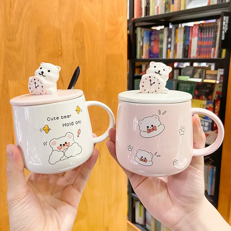 

Personality Cartoon Cute Bear Coffee Water Cup with Lid and Spoon Ceramic Cute gift Mugs For Women Lovers Children