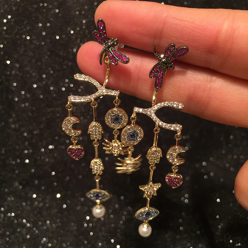 

S925 Silver Needle Creative Dragonfly Spider Love Palm Stars and Moon Tassel Earrings 210319-18