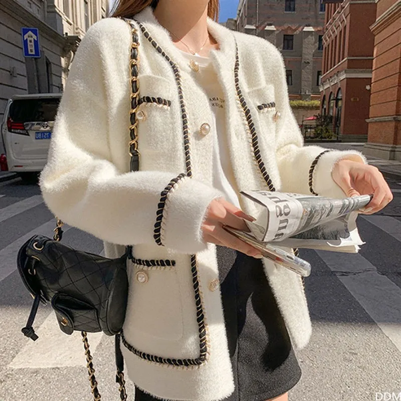 

New Arrival Fall Winter Korean White Mink Cashmere Sweater Coat Women's Lazy Retro Loose O Neck Knitted Cardigan Top