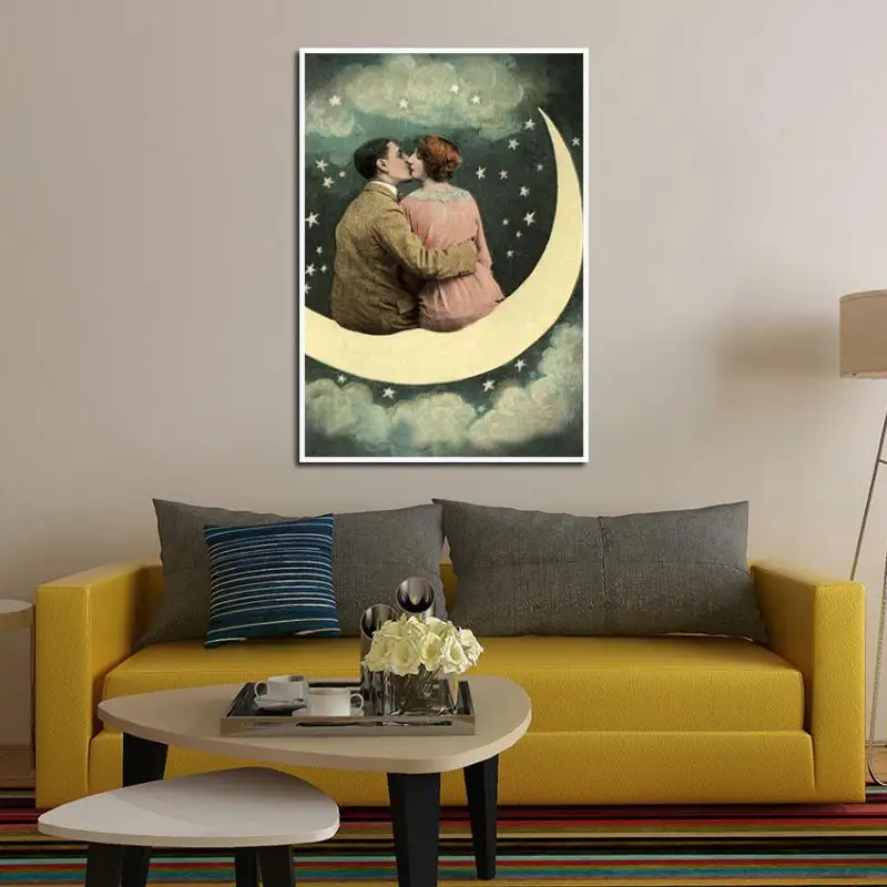 

Moon Romantic Couple Canvas Painting Character Poster Waterproof Ink Painting Nordic Style Home Decoration Painting