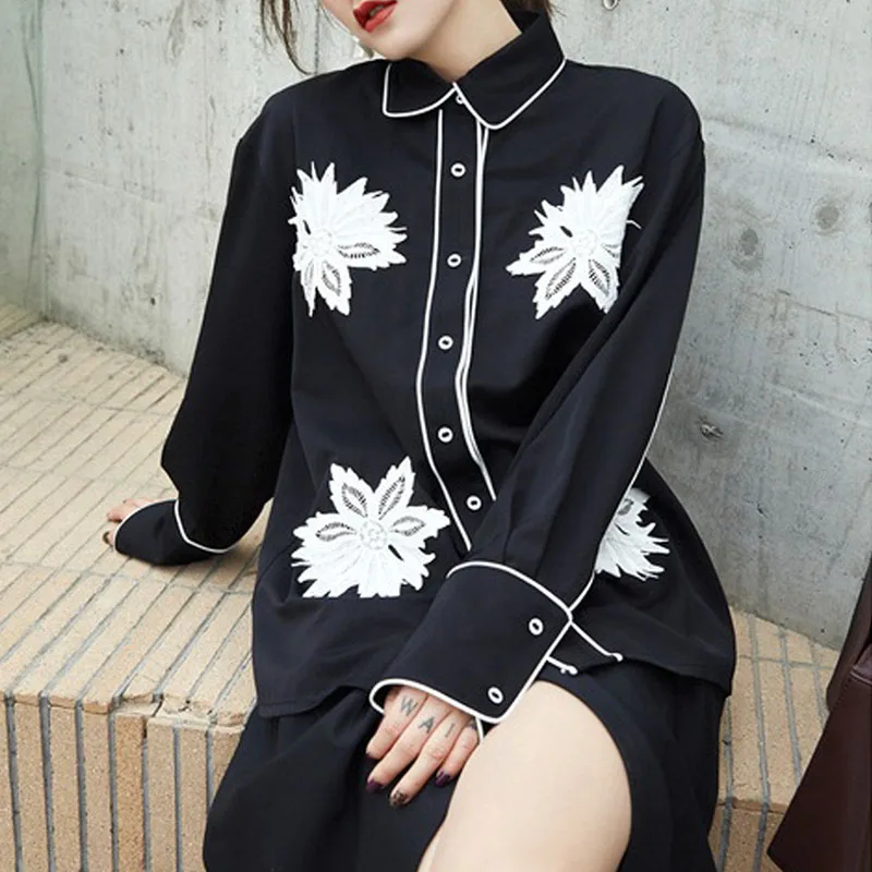 Женская винтажная рубашка с длинным рукавом черная или белая свободная офисная в