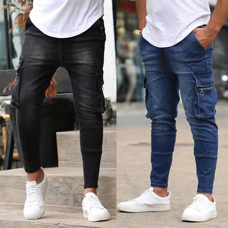 Black Jeans Men Slim Fit Multi-Pockets Zipper Cowboy Cargo Pants Male Casual Stretch Skinny Blue Jeans Pantalones