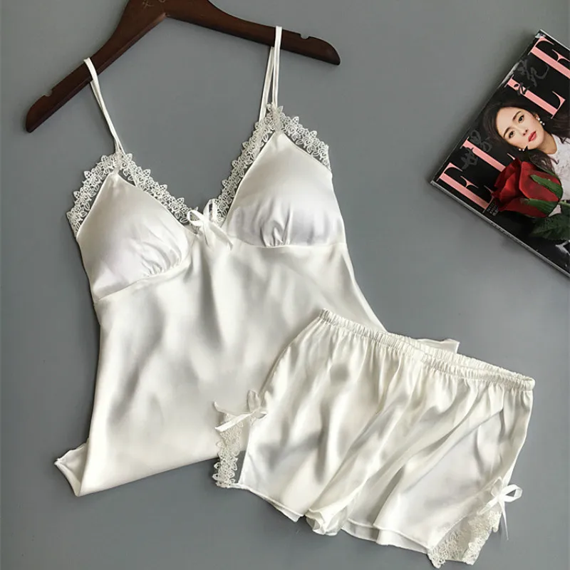 

Satin Sleep Set Women 2PCS Sleepwear Pajamas Sexy V-neck Nightwear 2020 Summer New Pijamas Lace Trim Strap Home Wear With Bow