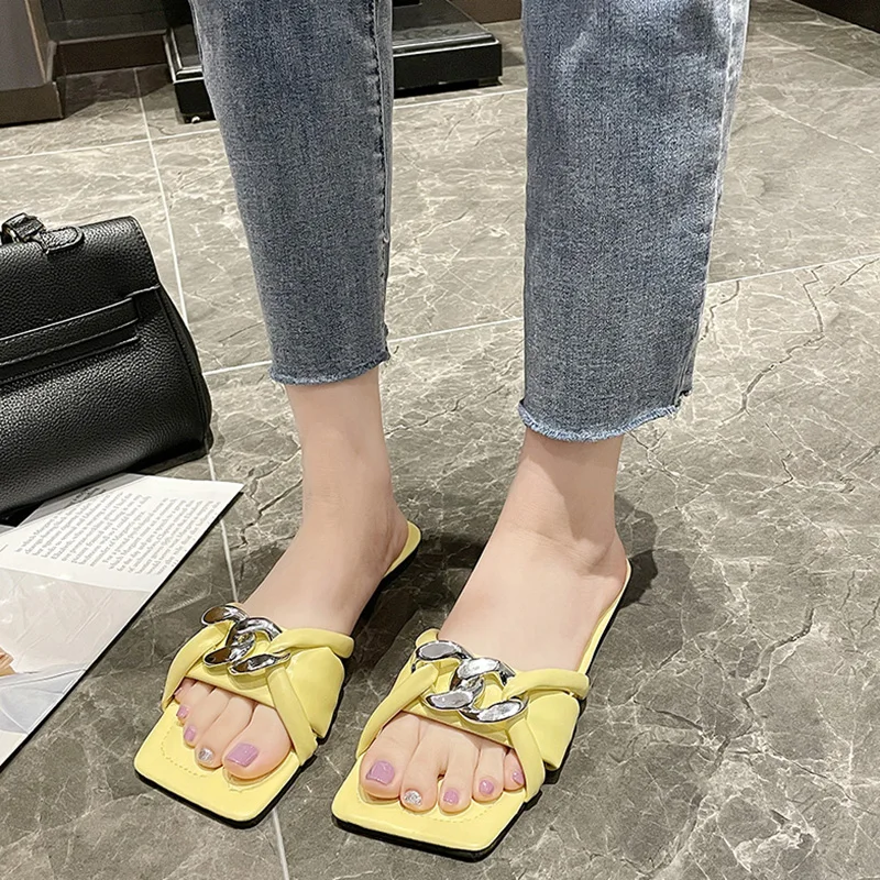 

Beach Shoes Rivet Woman's Slippers Square Toe Low Slides Sabot 2021 Flat Soft Summer PU Basic Rubber Fabric Metal Decoration