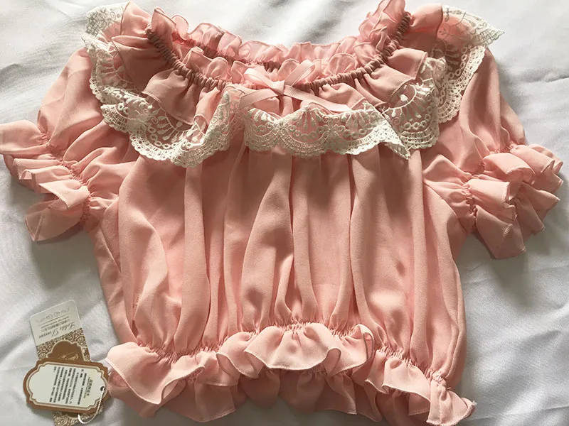 Pink Женская кружевная шифоновая Полупрозрачная блузка с рюшами на плечах, с кружевными рюшами, с короткими рукавами, свободная нижняя рубашка в Стиле Лолита, укороченный Топ для женщин - Цвет: Pink