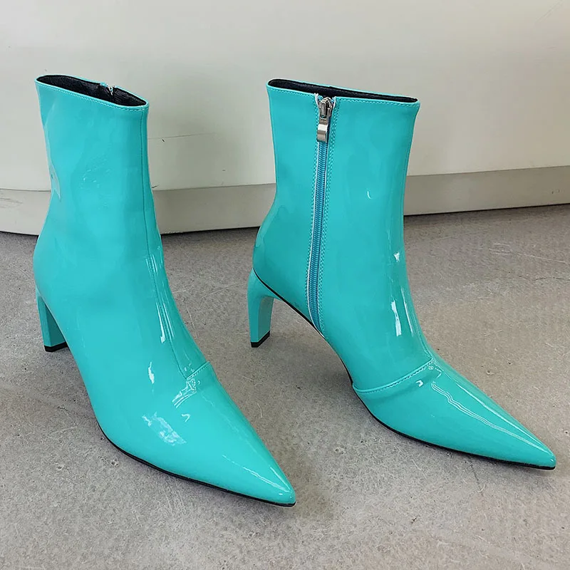 

Elegant Sexy Candy Color Zip Pointed Toe Party Short Boots Botas Bottes Femme Mujer Blue Snake Pattern Ankle Boots For Women