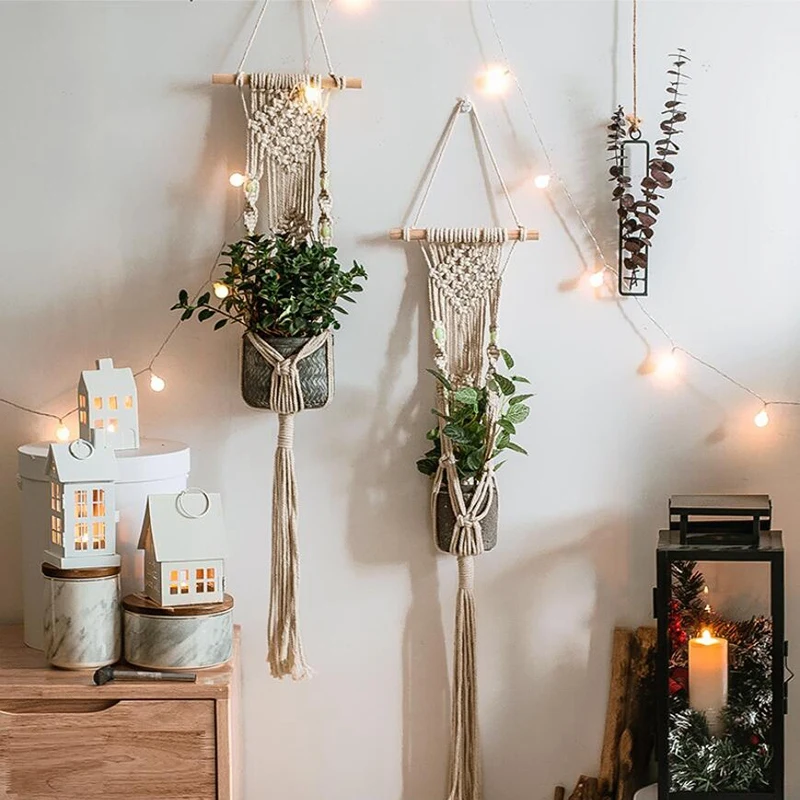 

HOT-Macrame Plant Hanger Macrame Pot Hanger Macrame Plant Pot Tray Plant Holder Wall Hanging Flower Pot (4Pcs)
