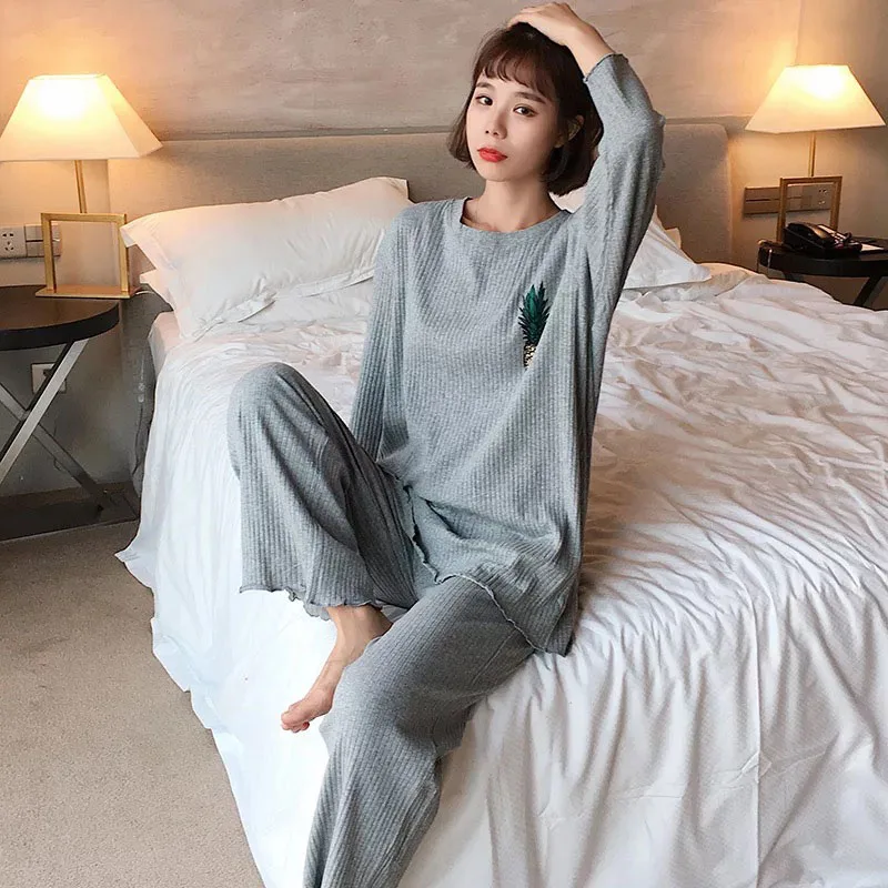 

Spring New Lovely Pajama Set Ladies Sleepwear Cute Pineapple Printed Household Clothes Long Sleeve Round Neck Loose Casual Wear