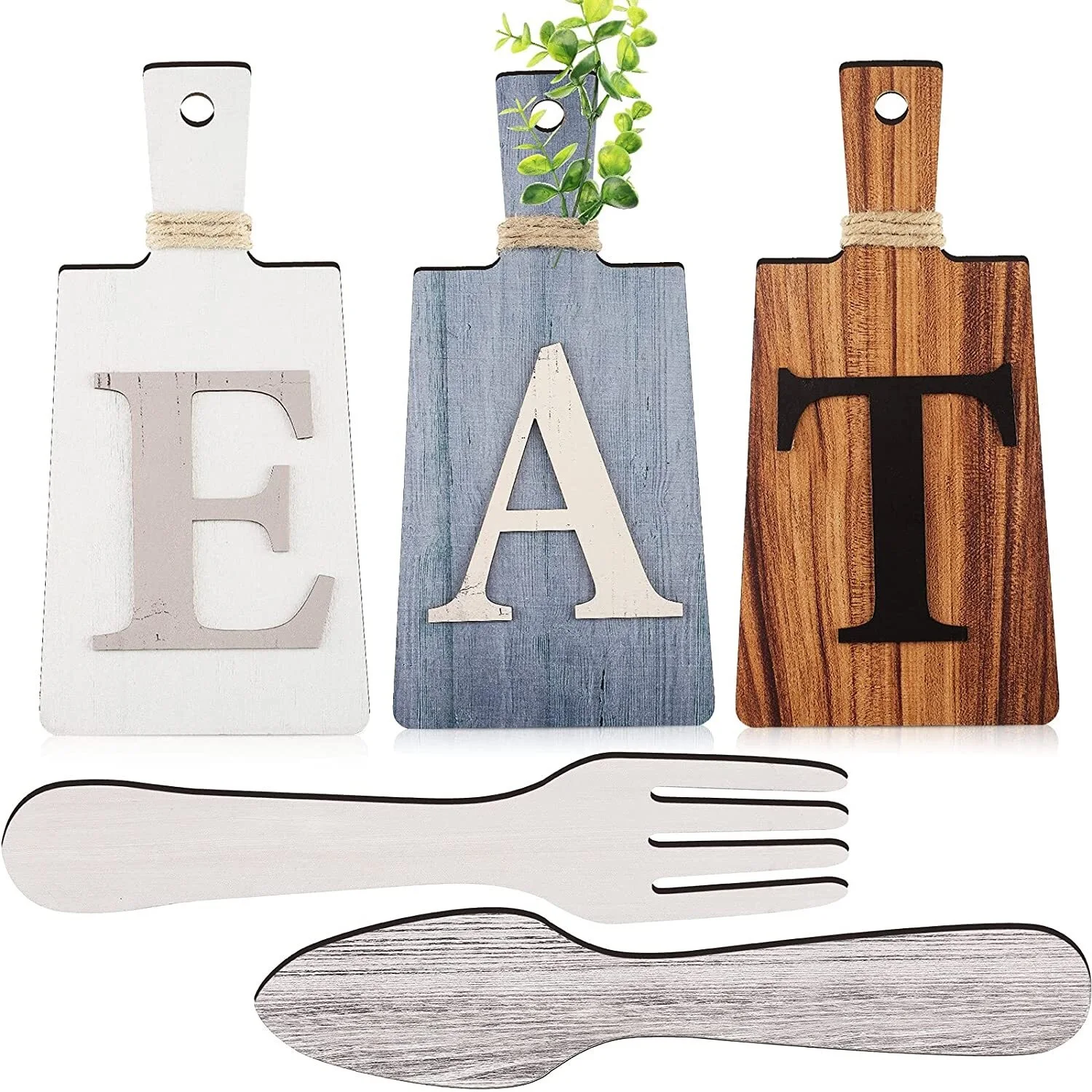 

Cutting Board Eat Sign Set Hanging Art Kitchen Eat Sign Fork and Spoon Wall Decor Rustic Primitive Country Farmhouse Kitchen