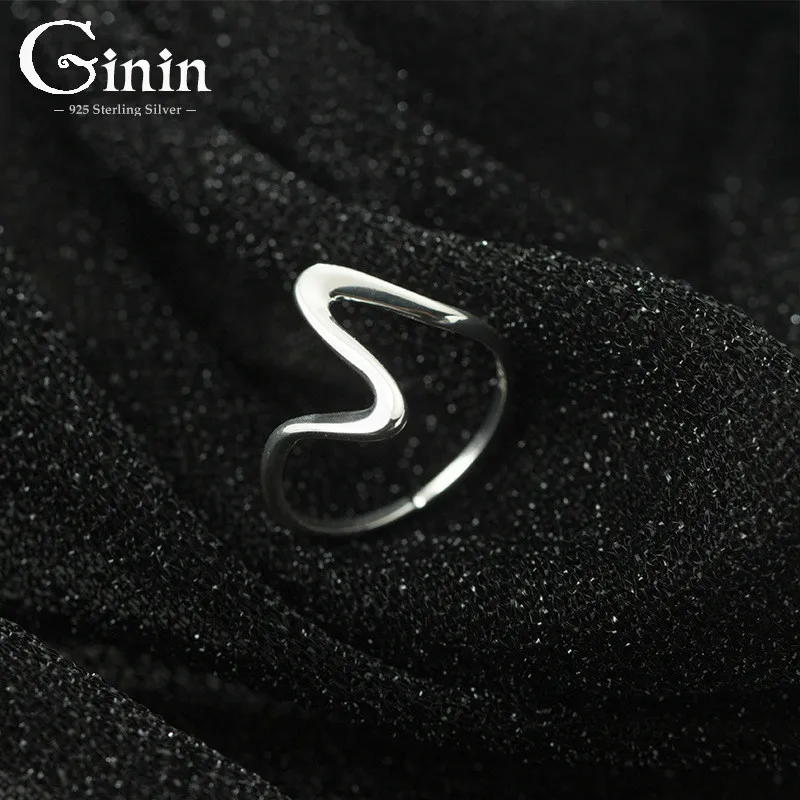 

GININ 100% 925 Sterling Silver Female Japanese Style Simple Cool Fashion Big Wave Ring Trendy Grace Ring Jewelry
